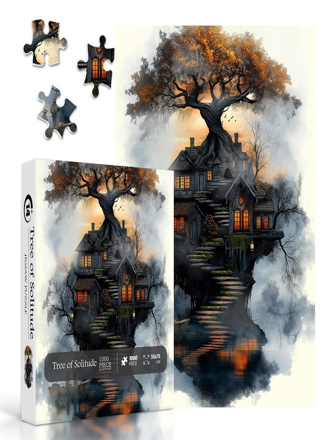 PPuzzling Fantasy Treehouse Puzzles for Adults 1000 Pieces, Nature Tree Art Jigsaw Puzzle with Forest Cottage, Sunset Sky, Dreamy Lake Aesthetic Puzzle, Hard Challenging Puzzle for Adults - Image 1